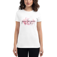 Women's short sleeve t-shirt: Pray For peace - Live The Prayer pink blossoms