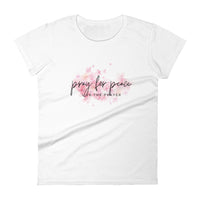 Women's short sleeve t-shirt: Pray For peace - Live The Prayer pink blossoms