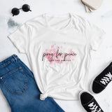 Women's short sleeve t-shirt: Pray For peace - Live The Prayer pink blossoms